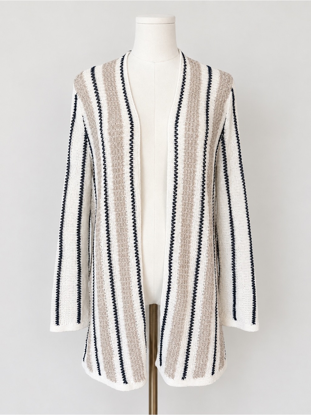 NIC+ZOE Large Open Knit Striped Long Cardigan Ivory Beige Navy Cotton Blend